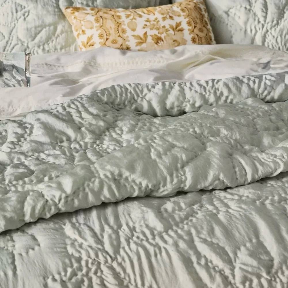 NEW Anthropologie Silky Floral Stitched Quilt, Queen, Pale Sage